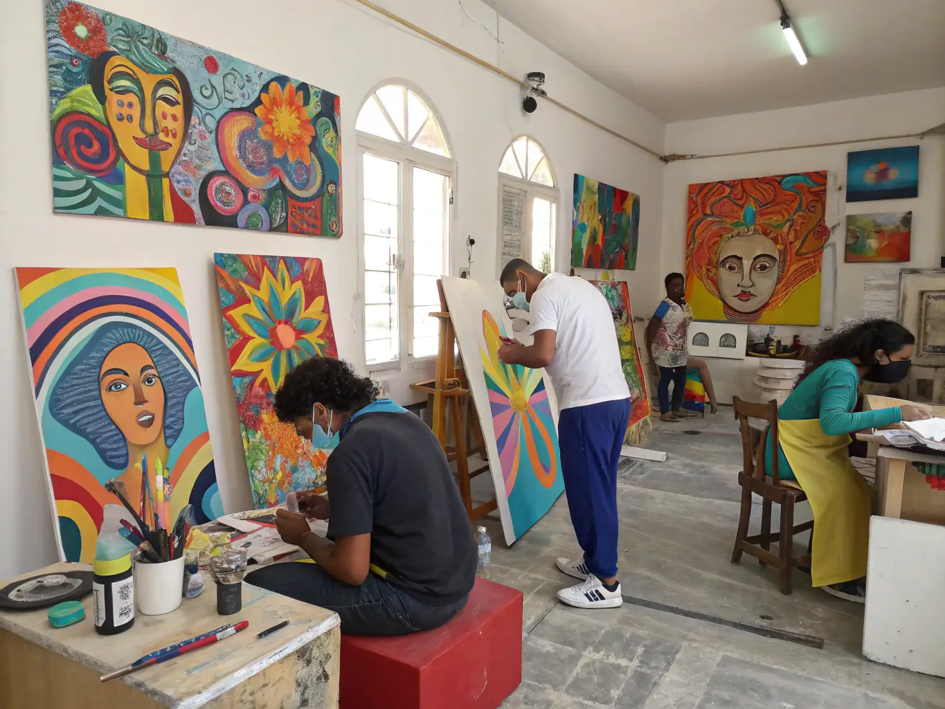An image of participants engaged in a painting workshop, with easels and vibrant artworks in progress. The setting is a bright and inspiring studio, reflecting the hands-on nature of the visual arts workshops offered by L'ATELIER DES ARTISTES.